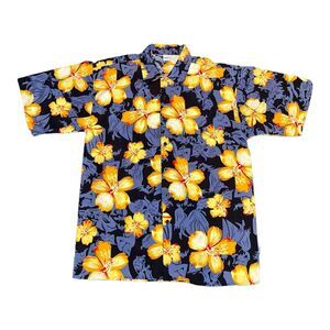 Mens Blue*i Hawaiian Shirt L Grey Yellow Floral Silhouettes Sh Sleeve Button